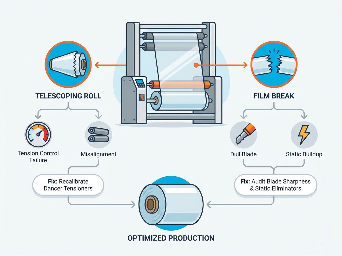 Stretch film rewinder troubleshooting diagnostics